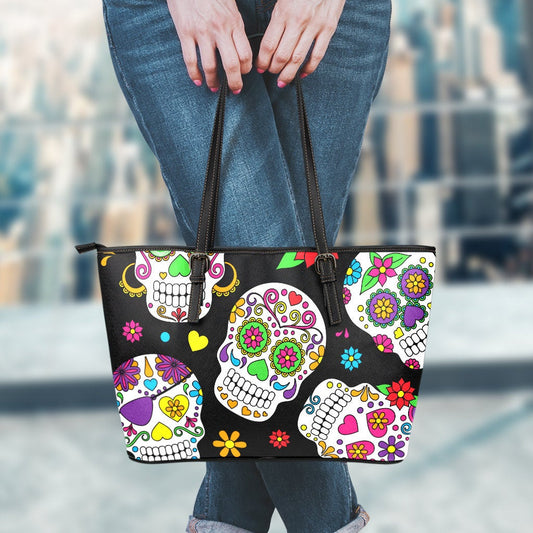 Colorful Sugar Skulls Leather Tote Bag