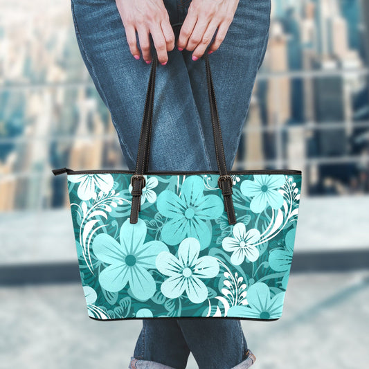 Teal Green Aloha Flowers Leather Tote Bag