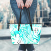 Teal Green Leaves Leather Tote Bag