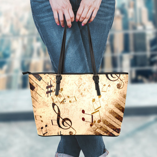 Vintage Piano & Musical Notes Leather Tote Bag
