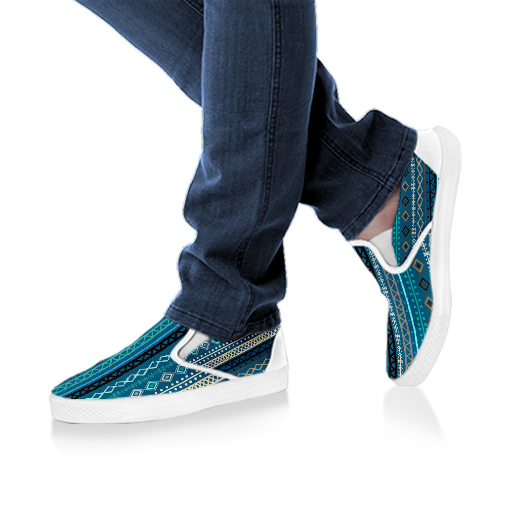 Teal Boho Chic Bohemian Stripes Slip On Shoes