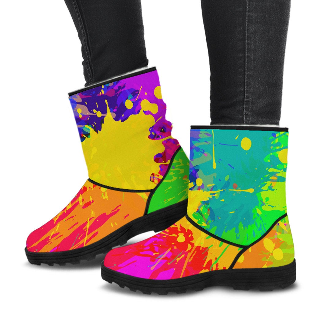Colorful Paint Splatter Abstract Art Faux Fur Boots