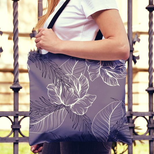 Grey Abstract Floral Outline Canvas Tote Bag