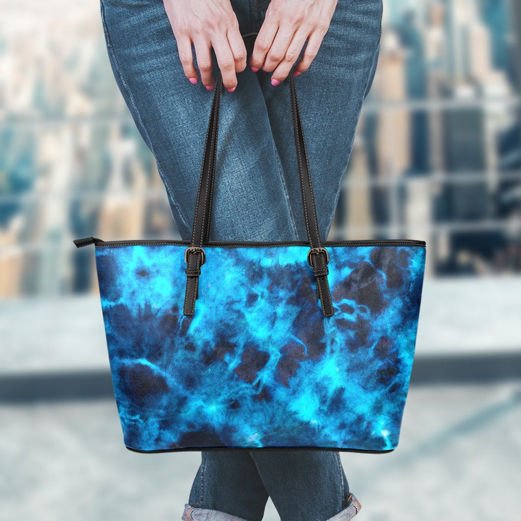 Blue Tie Dye Grunge Leather Tote Bag