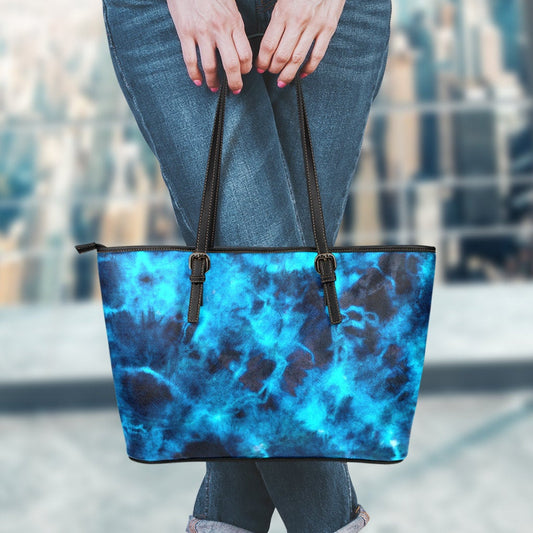 Blue Tie Dye Grunge Leather Tote Bag