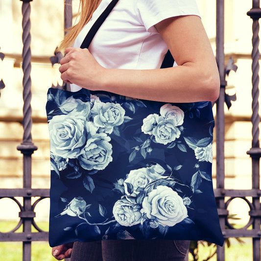 Navy Blue Roses Canvas Tote Bag