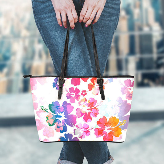 Colorful Aloha Flowers Leather Tote Bag