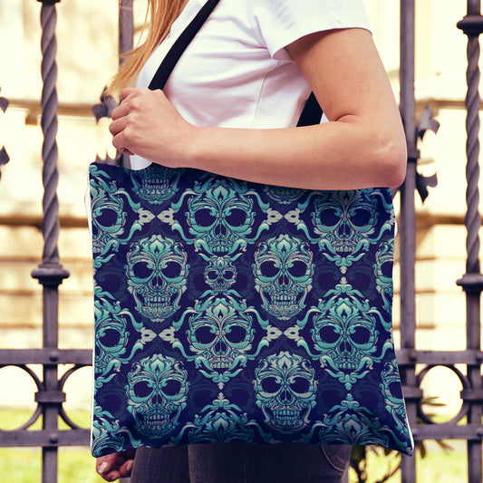 Green Skulls Pattern Canvas Tote Bag