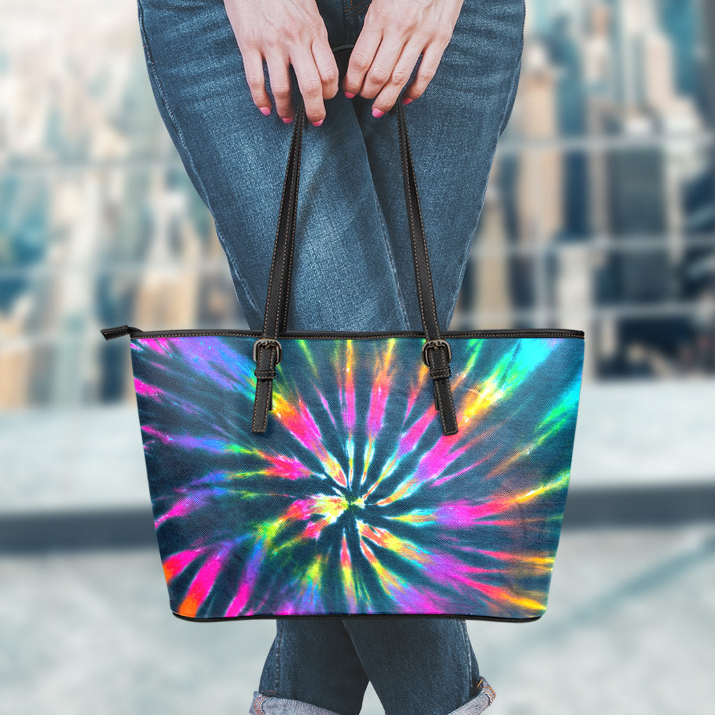 Colorful Neon Tie Dye Leather Tote Bag