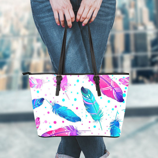 Pink Feathers Leather Tote Bag