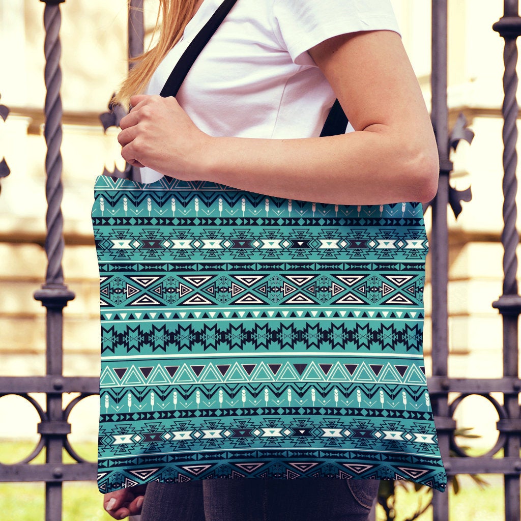 Teal Green Boho Aztec Canvas Tote Bag