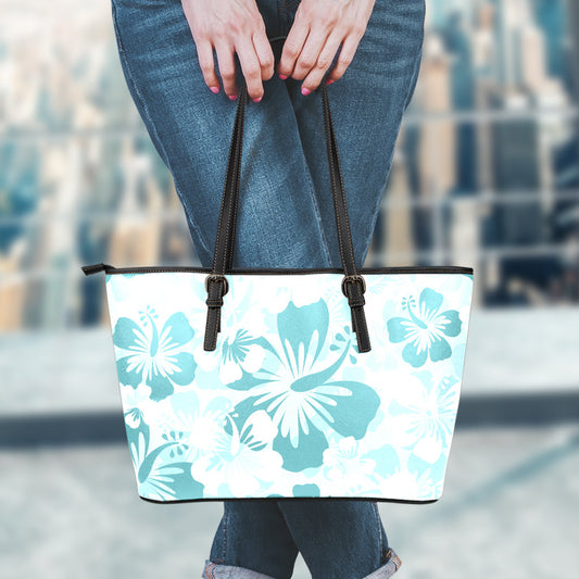 Teal Green Aloha Flowers Leather Tote Bag