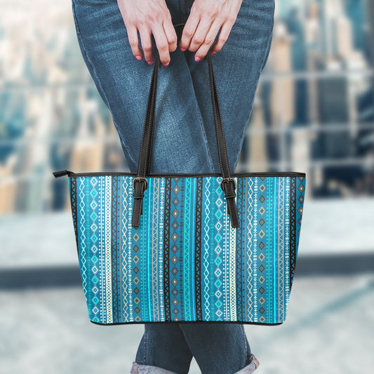 Teal Boho Stripes Decor Leather Tote Bag