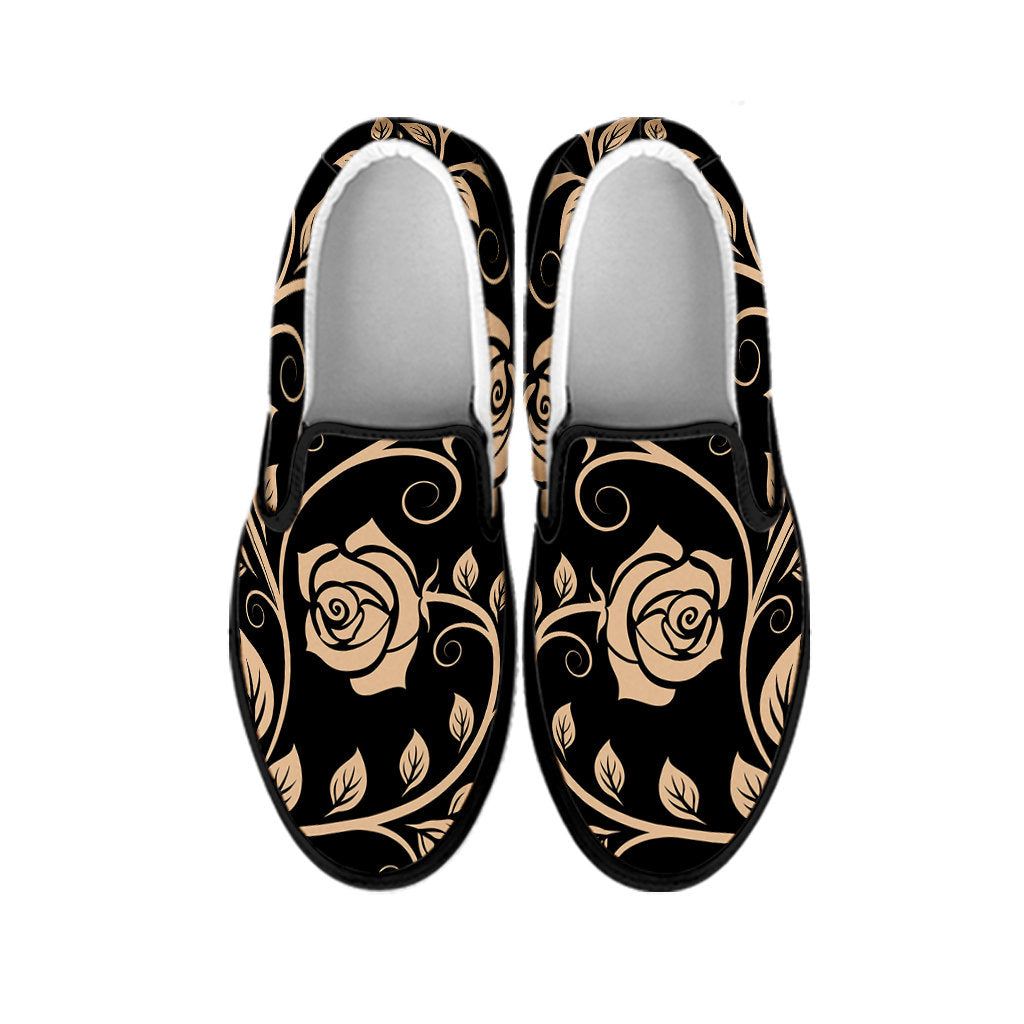 Tan Roses Decor Slip On Shoes