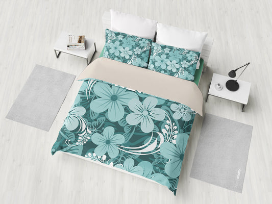 Light Green Teal Aloha Flowers Bedding Set