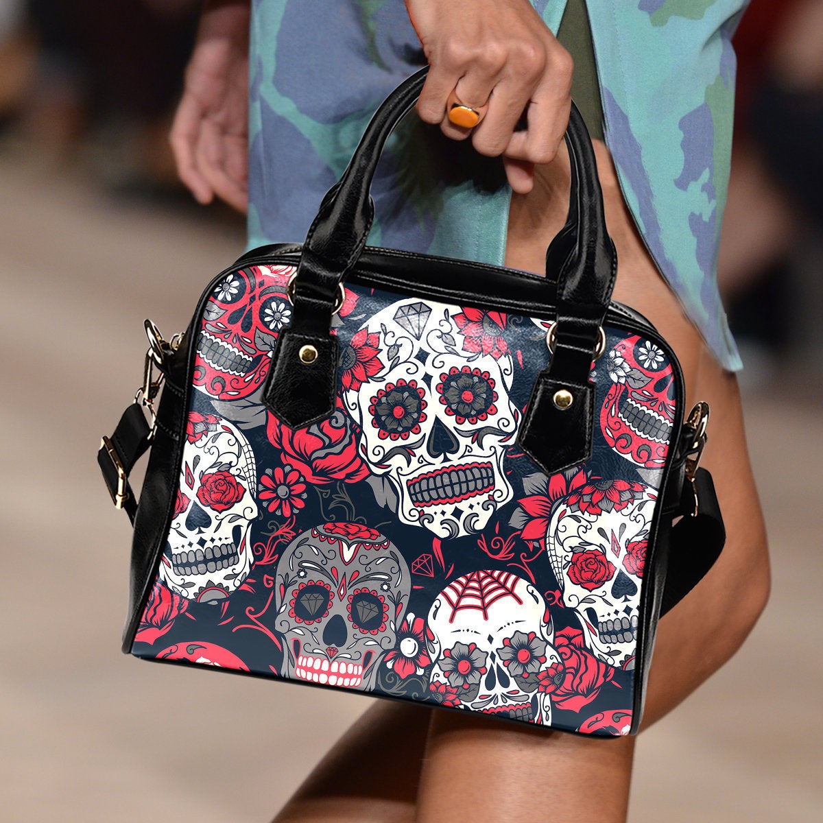 Sugar Skulls & Roses Shoulder Handbag