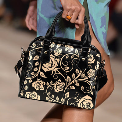 Tan Roses Decor Shoulder Handbag