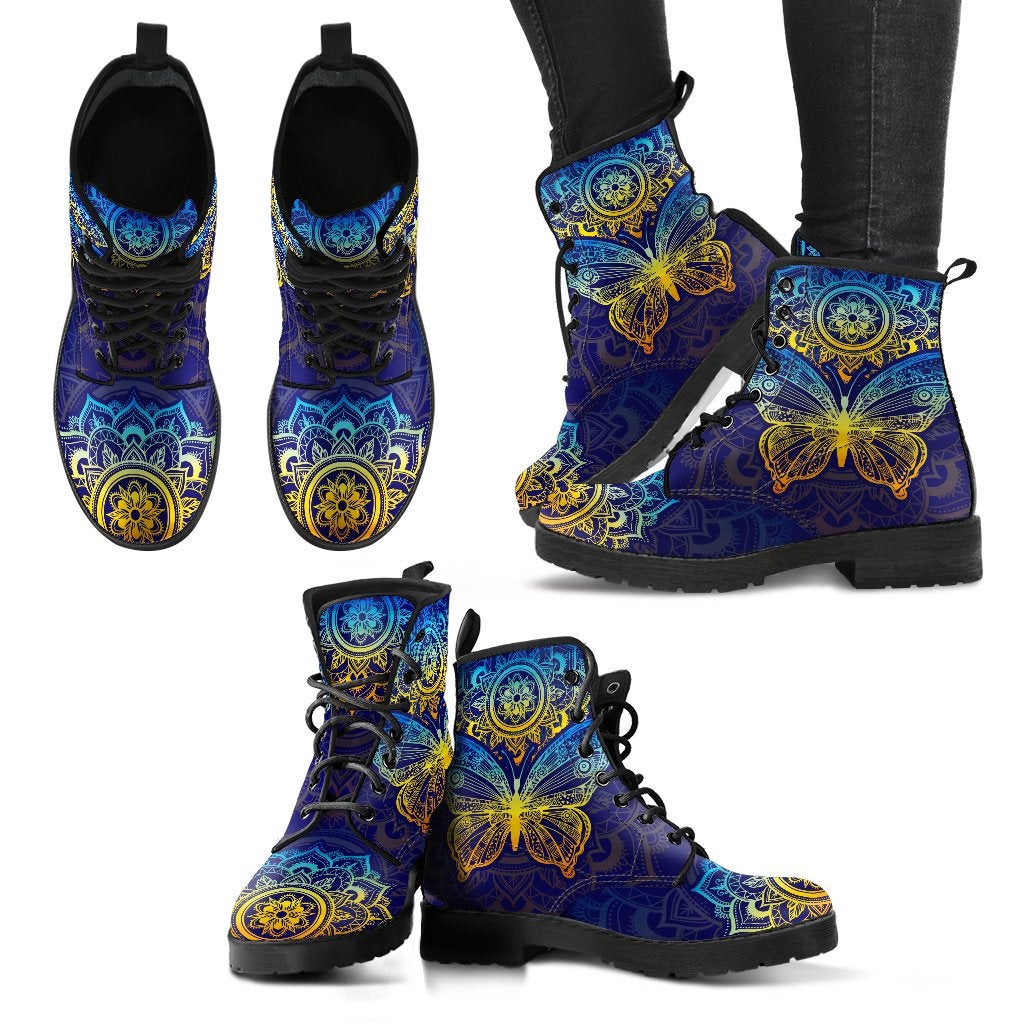 Colorful Blue Butterfly Mandala Womens Boots