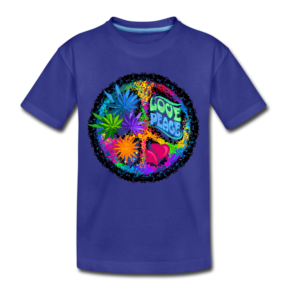 Colorful Floral Love Peace Sign Kids T-Shirt - royal blue