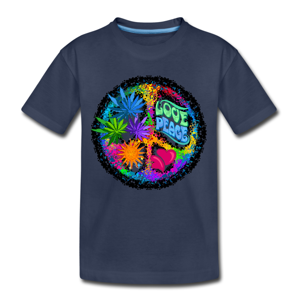 Colorful Floral Love Peace Sign Kids T-Shirt - navy