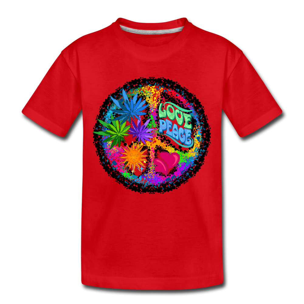 Colorful Floral Love Peace Sign Kids T-Shirt - red