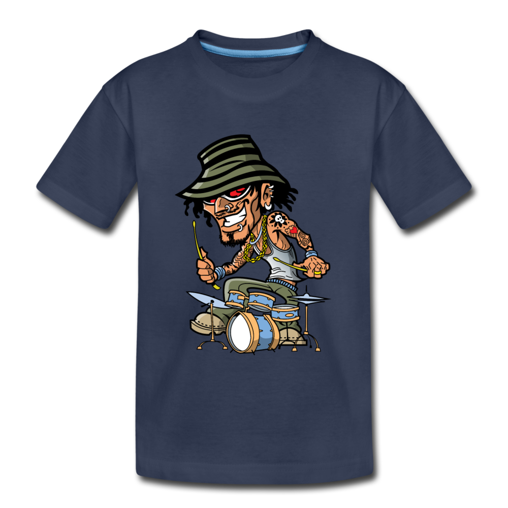 Drummer Cartoon Kids T-Shirt - navy