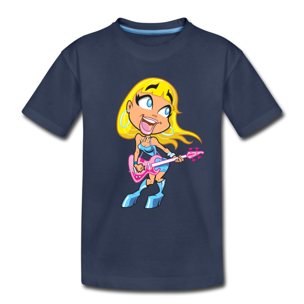 Guitar Girl Cartoon Kids T-Shirt - navy