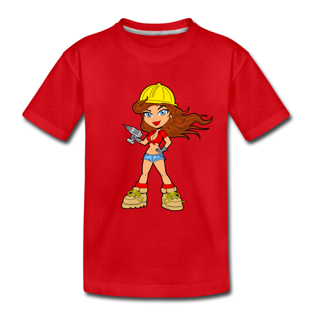 Construction Girl Cartoon Kids T-Shirt - red