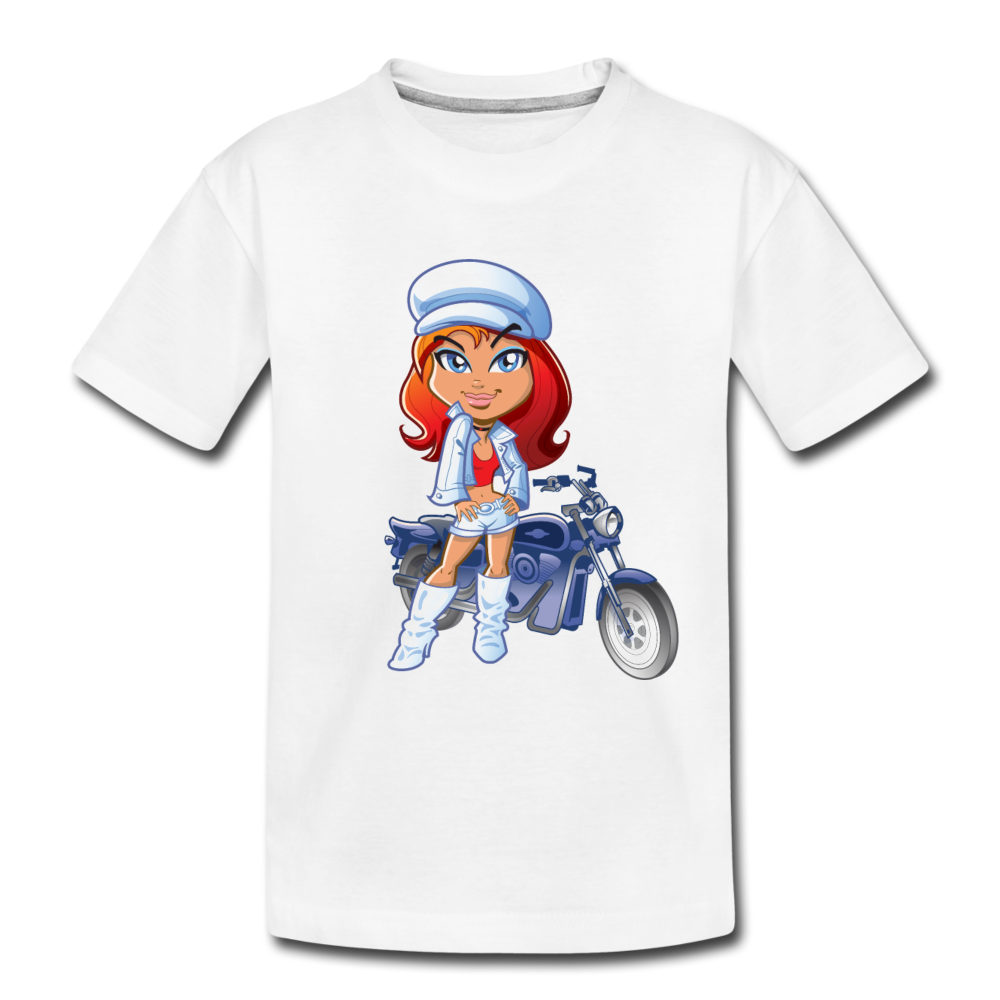 Motorcycle Girl Cartoon Kids T-Shirt - white