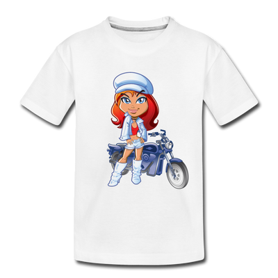 Motorcycle Girl Cartoon Kids T-Shirt - white