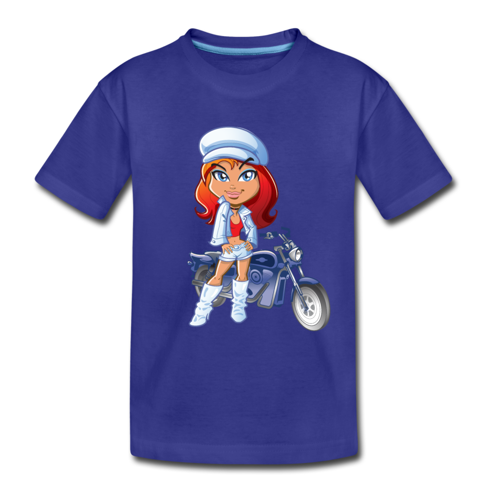 Motorcycle Girl Cartoon Kids T-Shirt - royal blue