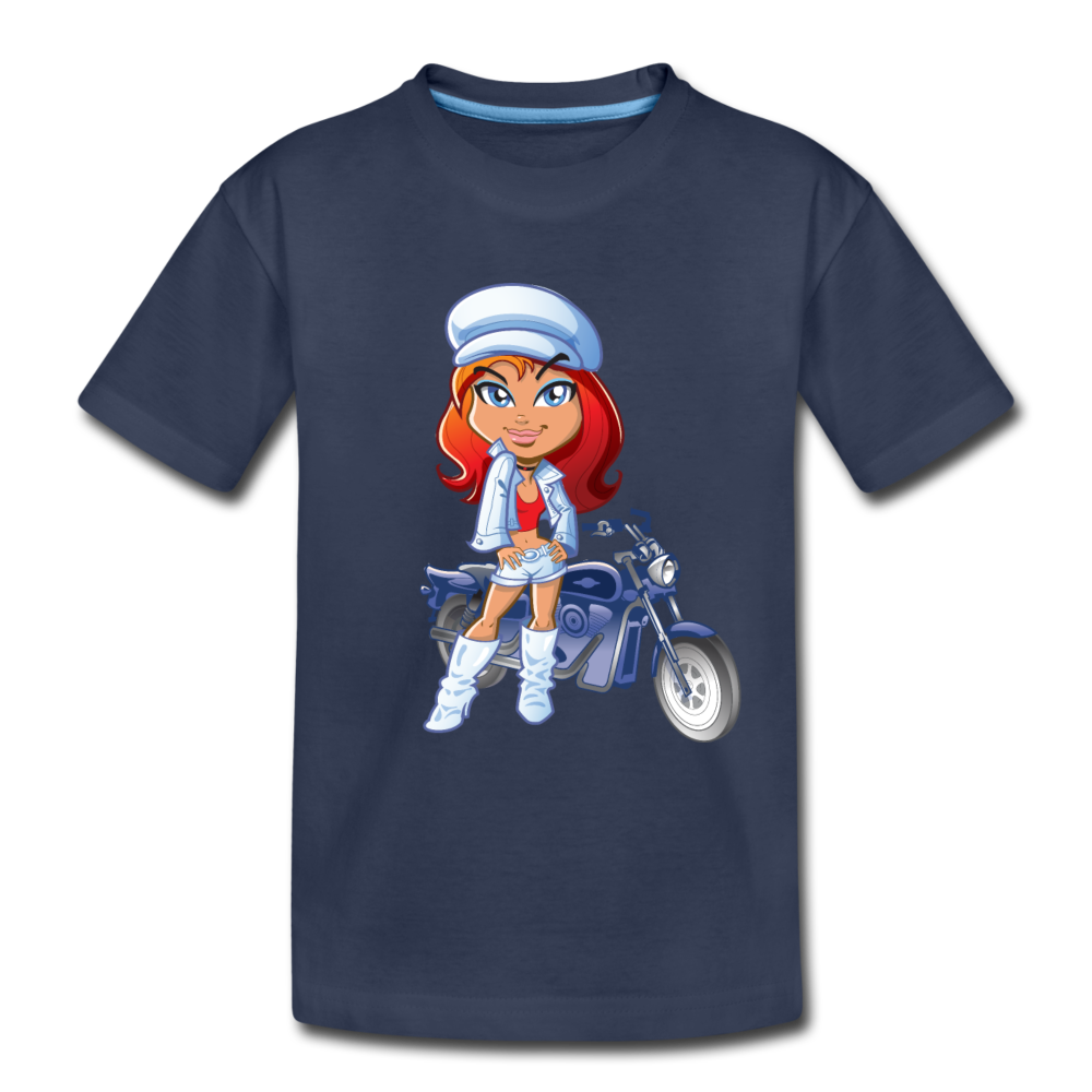 Motorcycle Girl Cartoon Kids T-Shirt - navy