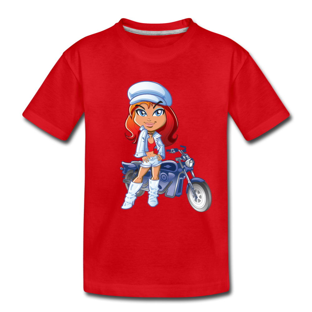 Motorcycle Girl Cartoon Kids T-Shirt - red